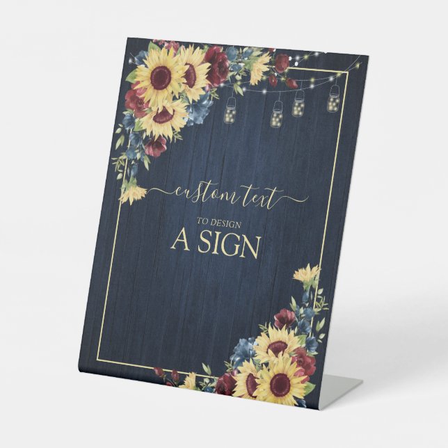 Sunflower Navy Blue Wood Floral Custom Text Pedestal Sign (Front)