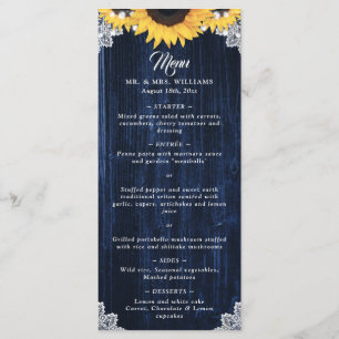 Sunflower Navy Blue Wood Floral Lace Wedding Menu