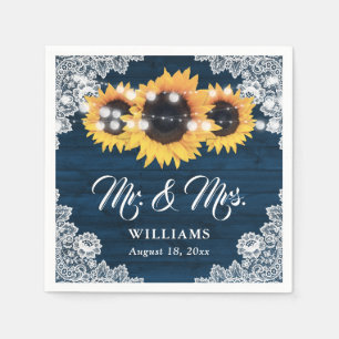 Sunflower Navy Blue Wood Floral Lace Wedding Napkins