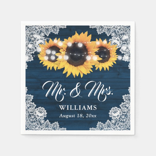 Sunflower Navy Blue Wood Floral Lace Wedding Napkins (Front)