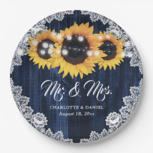 Sunflower Navy Blue Wood Floral Lace Wedding Paper Plates