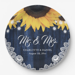 Sunflower Navy Blue Wood Floral Lace Wedding Paper Plates
