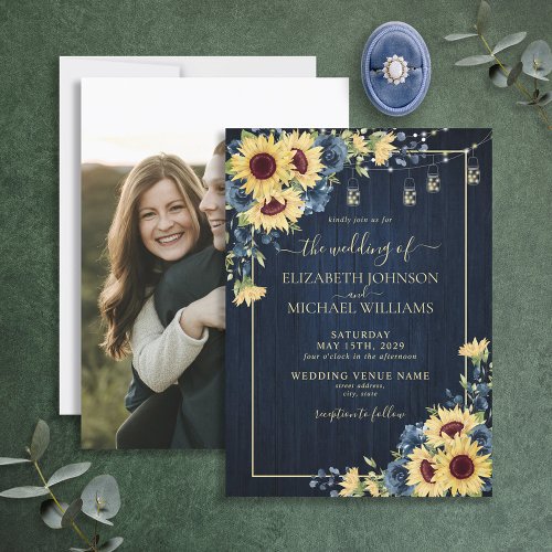 Sunflower Navy Blue Wood Floral Photo Wedding Invitation