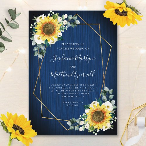 Sunflower Navy Blue Wood Geometric Wedding Invitation