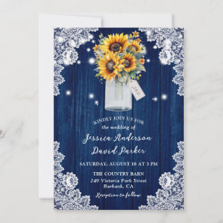 Sunflower Navy Blue Wood Lace Mason Jar Wedding Invitation