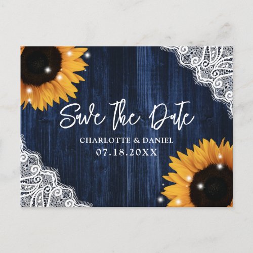 Sunflower Navy Blue Wood Lace Rustic Save The Date Postcard