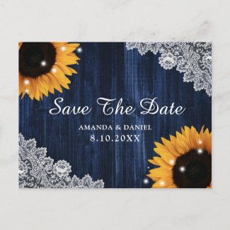 Sunflower Navy Blue Wood Lace Rustic Save The Date