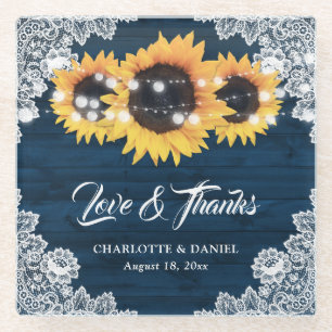 Sunflower Navy Blue Wood Lace Wedding Thank You Glass Coaster