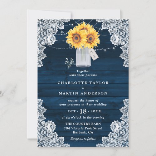 Sunflower Navy Blue Wood Mason Jar Lace Wedding Invitation