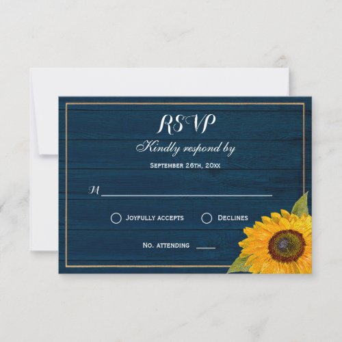 Sunflower Navy Blue Wood Rustic Wedding RSVP Card