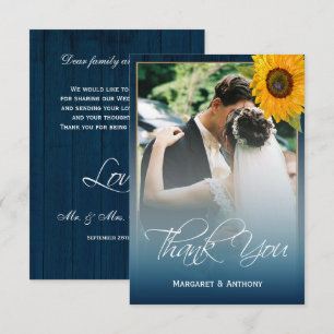 Sunflower Navy Blue Wood Rustic Wedding Thank You Card