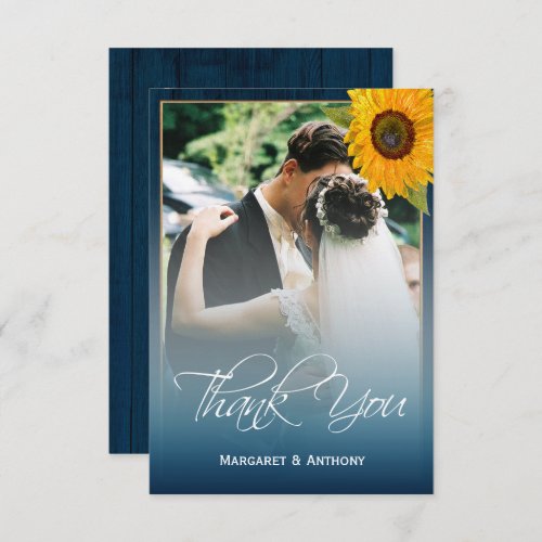 Sunflower Navy Blue Wood Rustic Wedding Thank You Card