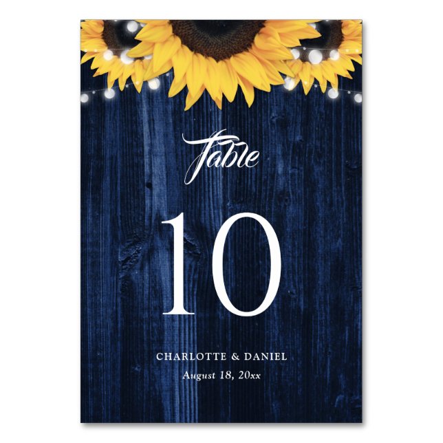 Sunflower Navy Blue Wood String Lights Table Number (Front)