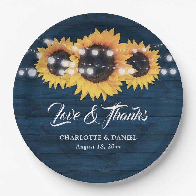 Sunflower Navy Blue Wood String Lights Wedding Paper Plates (Front)