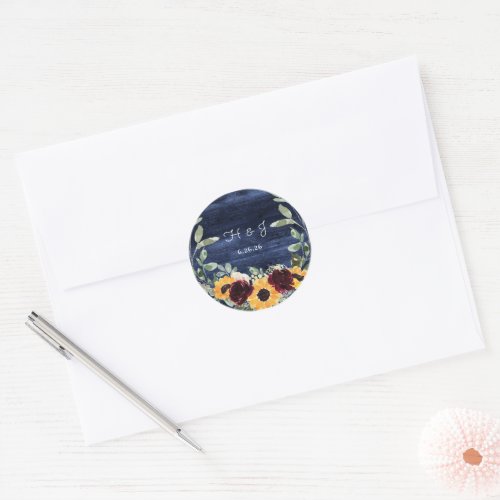 Sunflower Navy Blue Wood Wedding Envelope Seal