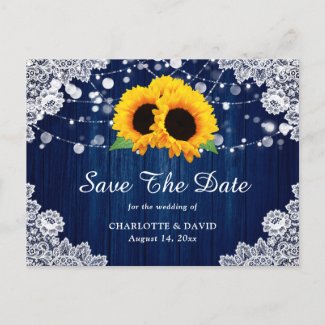 Sunflower Navy Blue Wood Wedding Save The Date