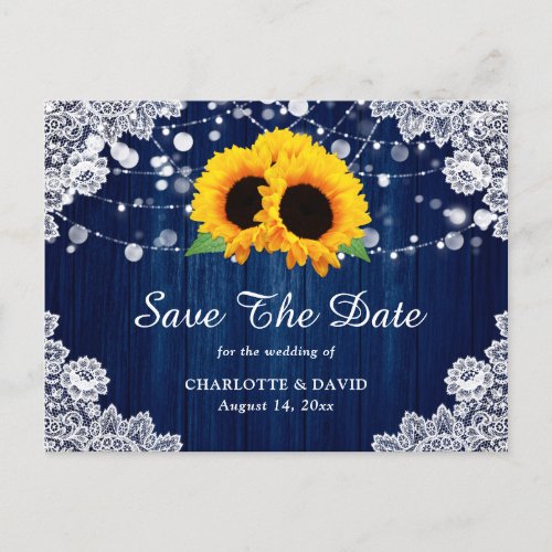 Sunflower Navy Blue Wood Wedding Save The Date Announcement Postcard