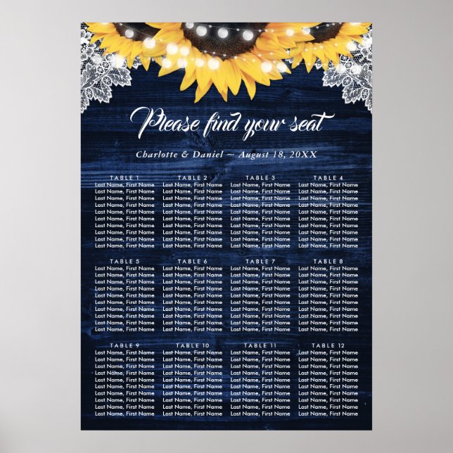 Sunflower Navy Blue Wood Wedding Seating Chart 12 (Front)
