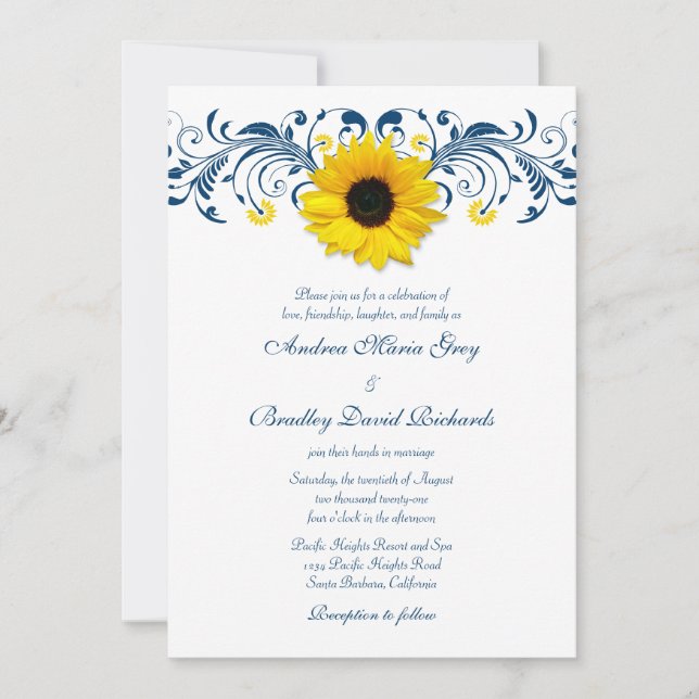 Sunflower Navy Blue Yellow White Floral Wedding Invitation (Front)