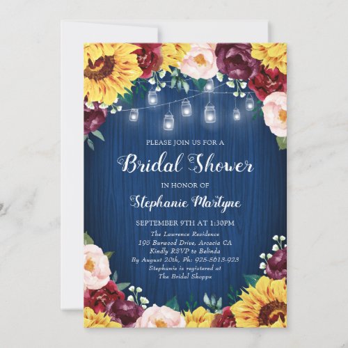 Sunflower Navy Bridal Shower Mason Jars Floral Invitation