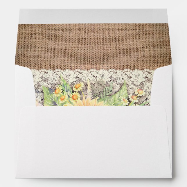 Sunflower Navy Burlap Lace Rustic Wedding Envelope (Back (Bottom))