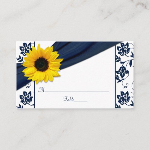 Sunflower Navy Damask Floral Wedding Place Cards Business Card Template