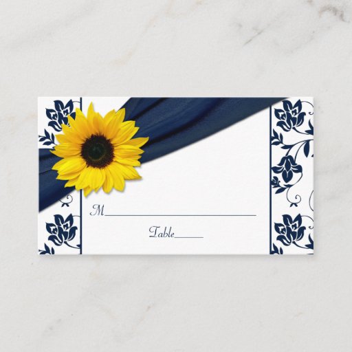 Customizable Sunflower Navy Damask Floral Wedding Place Cards Business Card Template
