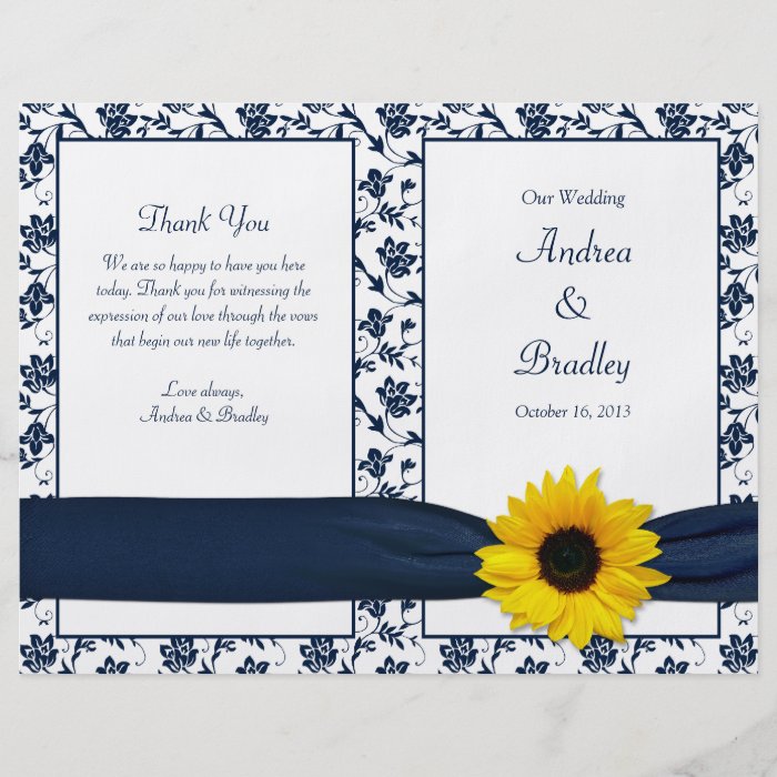 Sunflower Navy Damask Floral Wedding Program Personalized Flyer