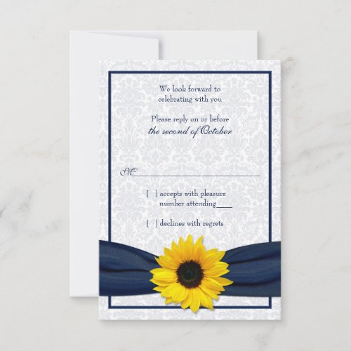 Sunflower Navy Damask Floral Wedding RSVP Card