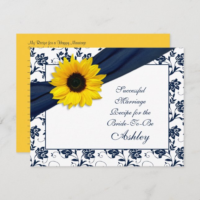Sunflower Navy Damask Successful Marriage Recipe Advice Card (Front/Back)
