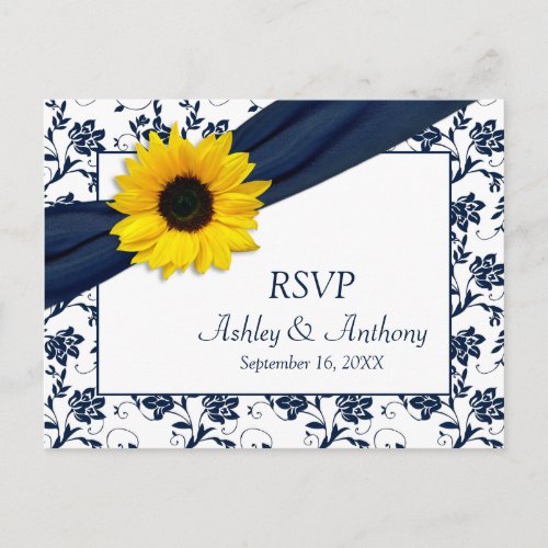 Sunflower Navy Damask Wedding RSVP Postcard