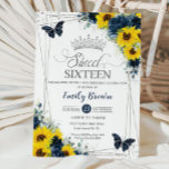 Sunflower Navy Floral Butterflies Silver Sweet 16 Invitation<br><div class="desc">This chic Sweet 16 Birthday invitation features a silver glitter geometric frame adorned by yellow sunflower and navy blue floral. Personalize it with your details easily and quickly, simply press the customize it button to further re-arrange and format the style and placement of the text. (c) The Happy Cat Studio...</div>