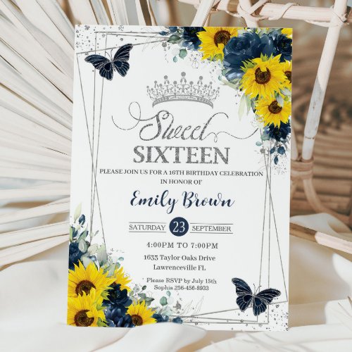 Sunflower Navy Floral Butterflies Silver Sweet 16 Invitation