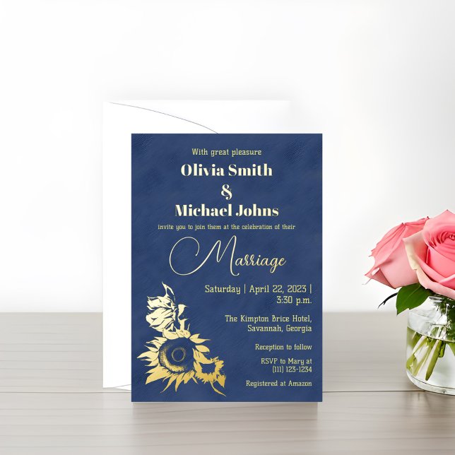 Sunflower Navy gold Wedding Invitation (Creator Uploaded)