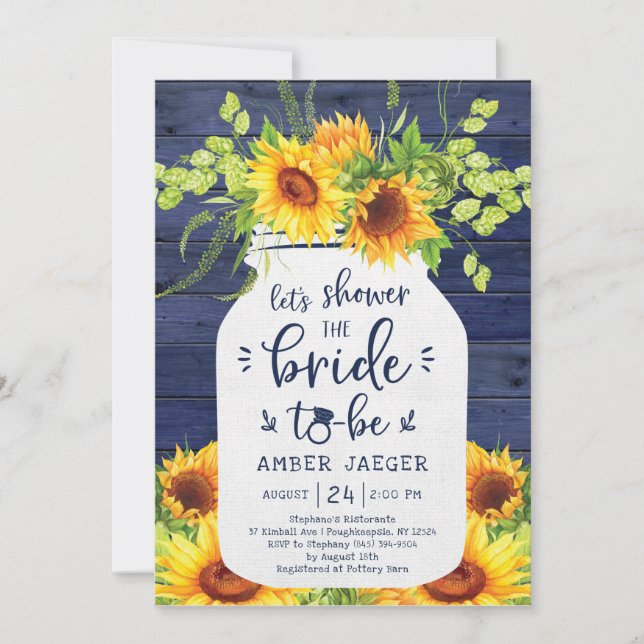 Sunflower Navy Mason Jar Bridal Shower Invitation (Front)