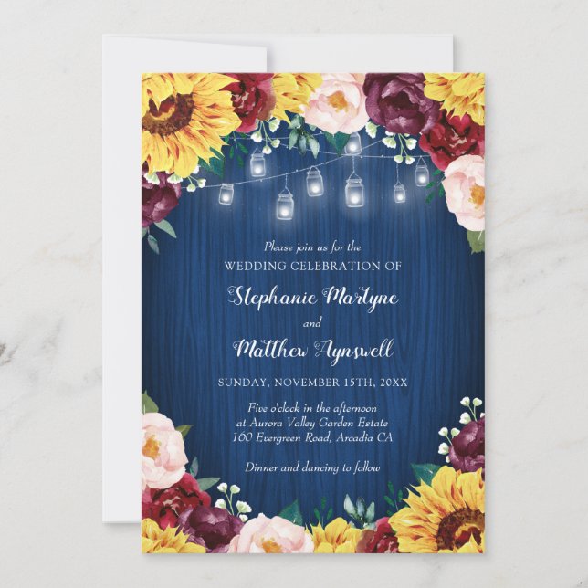 Sunflower Navy Mason Jars Floral Wedding Invitation (Front)