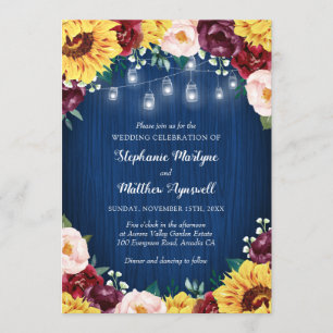 Sunflower Navy Mason Jars Floral Wedding Invitation