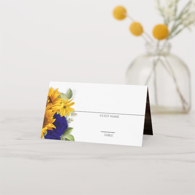 Sunflower & Navy Roses Rustic Place Card (Front)