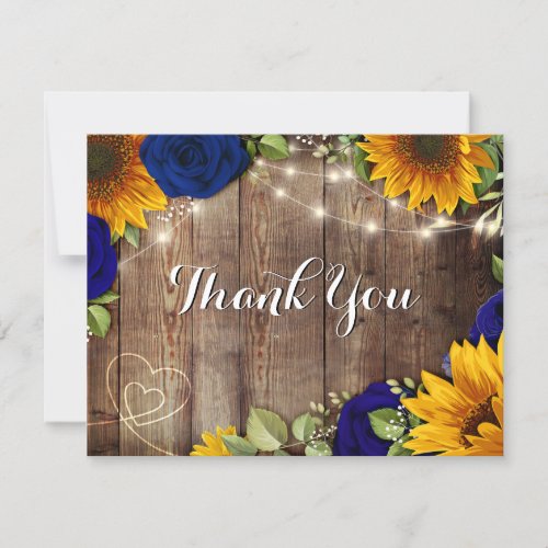 Sunflower  Navy Roses Rustic Thank You Card