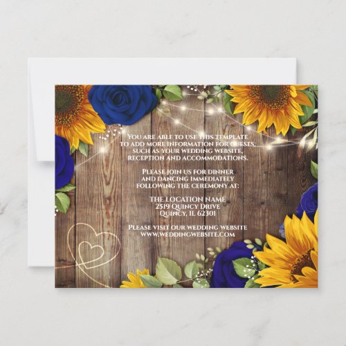 Sunflower  Navy Roses Rustic Wedding Details Card