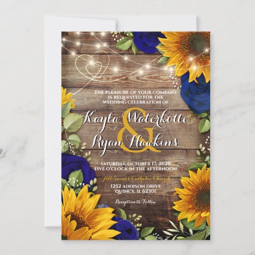 Sunflower  Navy Roses Rustic Wood Lights Invite