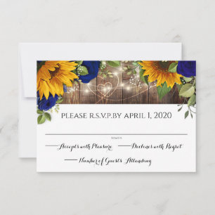 Sunflower & Navy Roses Rustic Wood Lights RSVP  Card