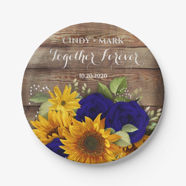 Sunflower & Navy Roses Wedding Party Plates (Front)