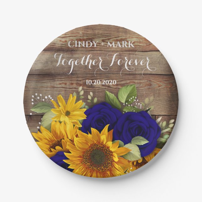Sunflower & Navy Roses Wedding Party Plates (Front)