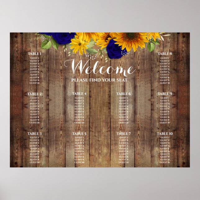 Sunflower & Navy Roses Wedding Seating Chart (Front)