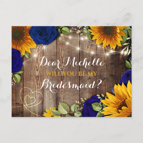 Sunflower  Navy Roses Will You Be My Bridesmaid Announcement Postcard