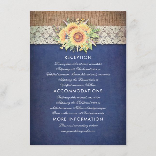 Sunflower Navy Wedding Information Guest Card (Front)