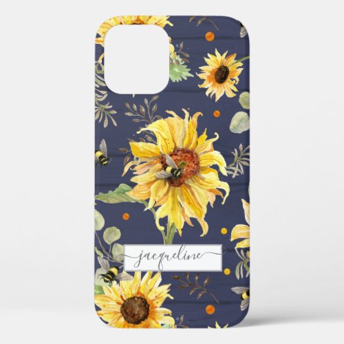 Sunflower Navy Wood Bumble Bee Rustic Script iPhone 12 Pro Case