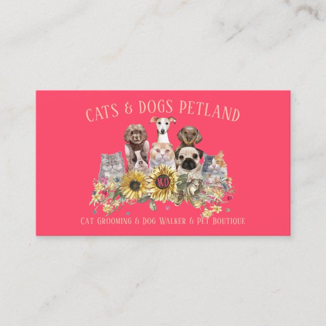 Sunflower Neon Pink Dog Walker Cat Groomer Pet Business Card