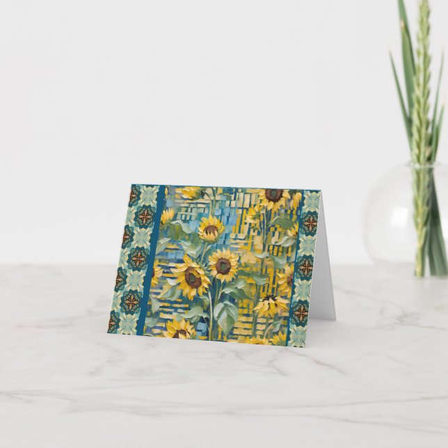 Sunflower Notecards, gold and teal patchwork Letterpress Thank You Card (Front)